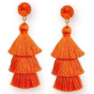 14K Yellow Gold with Orange Silk Thread Tassel and Quartz Druzy Post Earrings